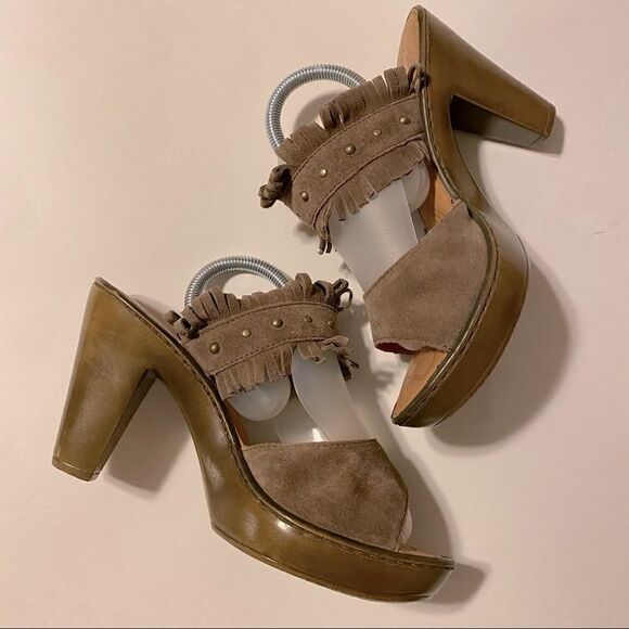Born Kassidy Leather suede Fringe platform slip on studded Sandal Heels-9 - Picture 4 of 12